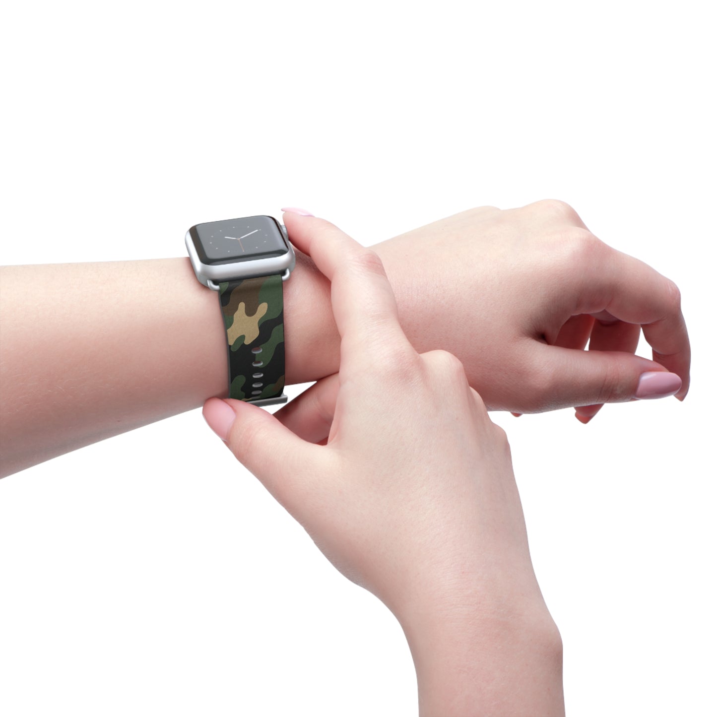 Green camouflage silicone watch band for Apple Watch, durable accessories by Printify with a stylish camo design.