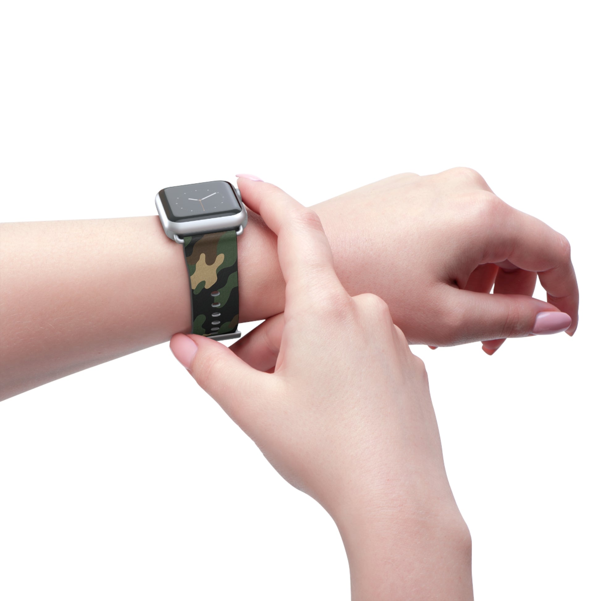 Green camouflage silicone watch band for Apple Watch, durable accessories by Printify with a stylish camo design.