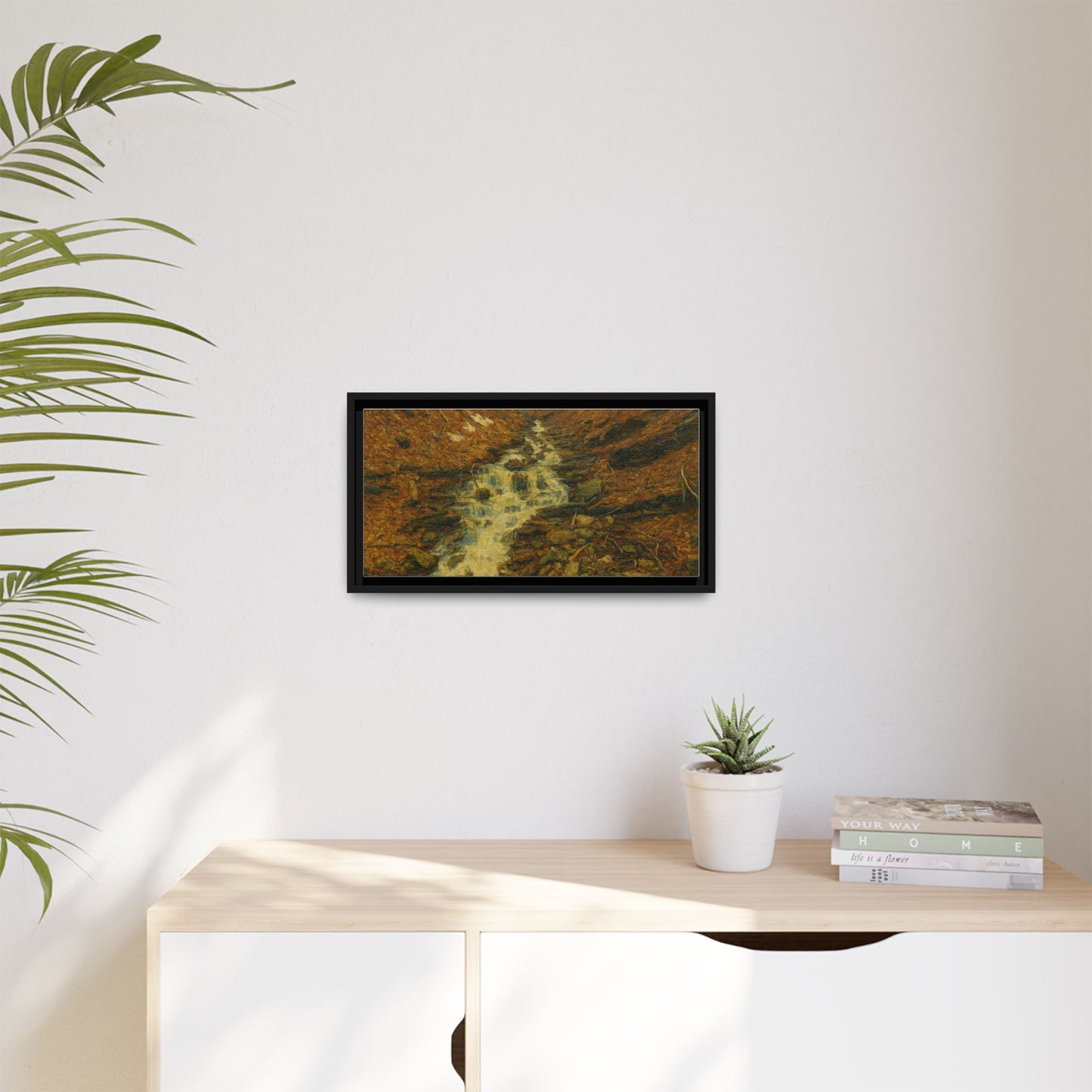 Framed matte canvas print of autumn stream landscape artwork by Printify, showcasing vibrant fall colors and natural scenery.