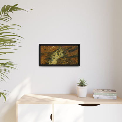 Framed matte canvas print of autumn stream landscape artwork by Printify, showcasing vibrant fall colors and natural scenery.