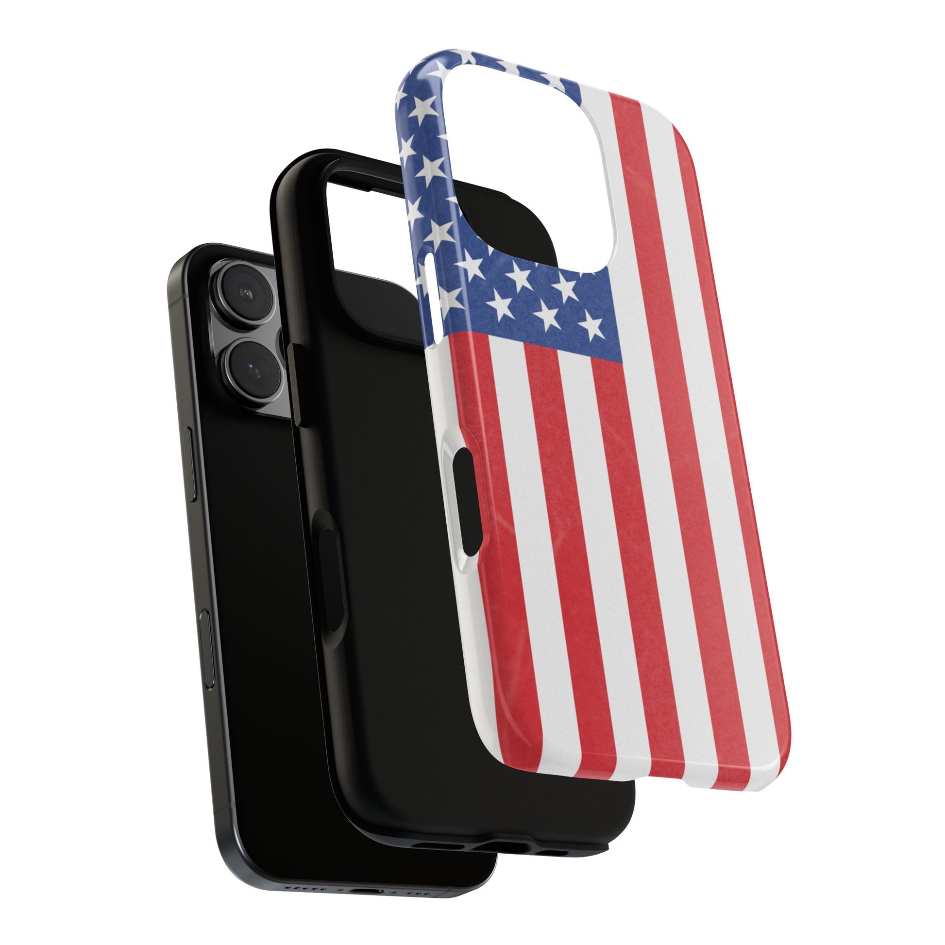 American flag tough phone case for iPhone and Samsung, patriotic protective cover with bold flag design by Printify.