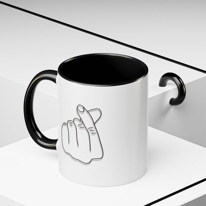 Minimal Korean finger heart accent mug by Printify, 11oz or 15oz, featuring a simple, stylish design on a ceramic coffee mug.