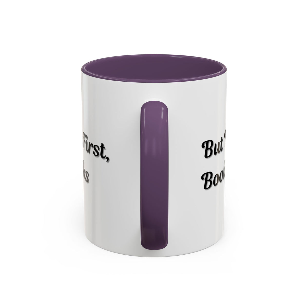 White ceramic "But First, Books" coffee mug with black text, 11oz, perfect for book lovers, by Printify.