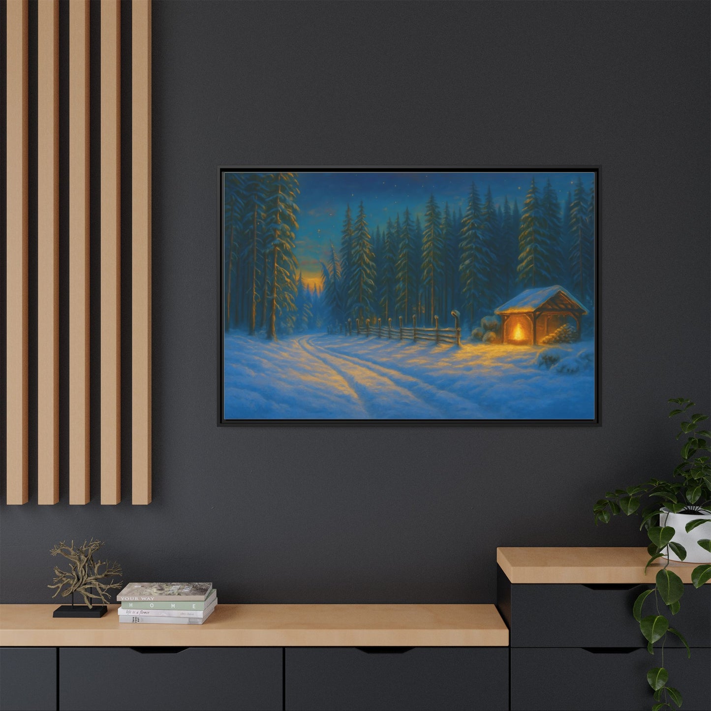 Cozy winter cabin matte framed canvas wall art depicting a snowy forest scene at evening, perfect for winter decor.