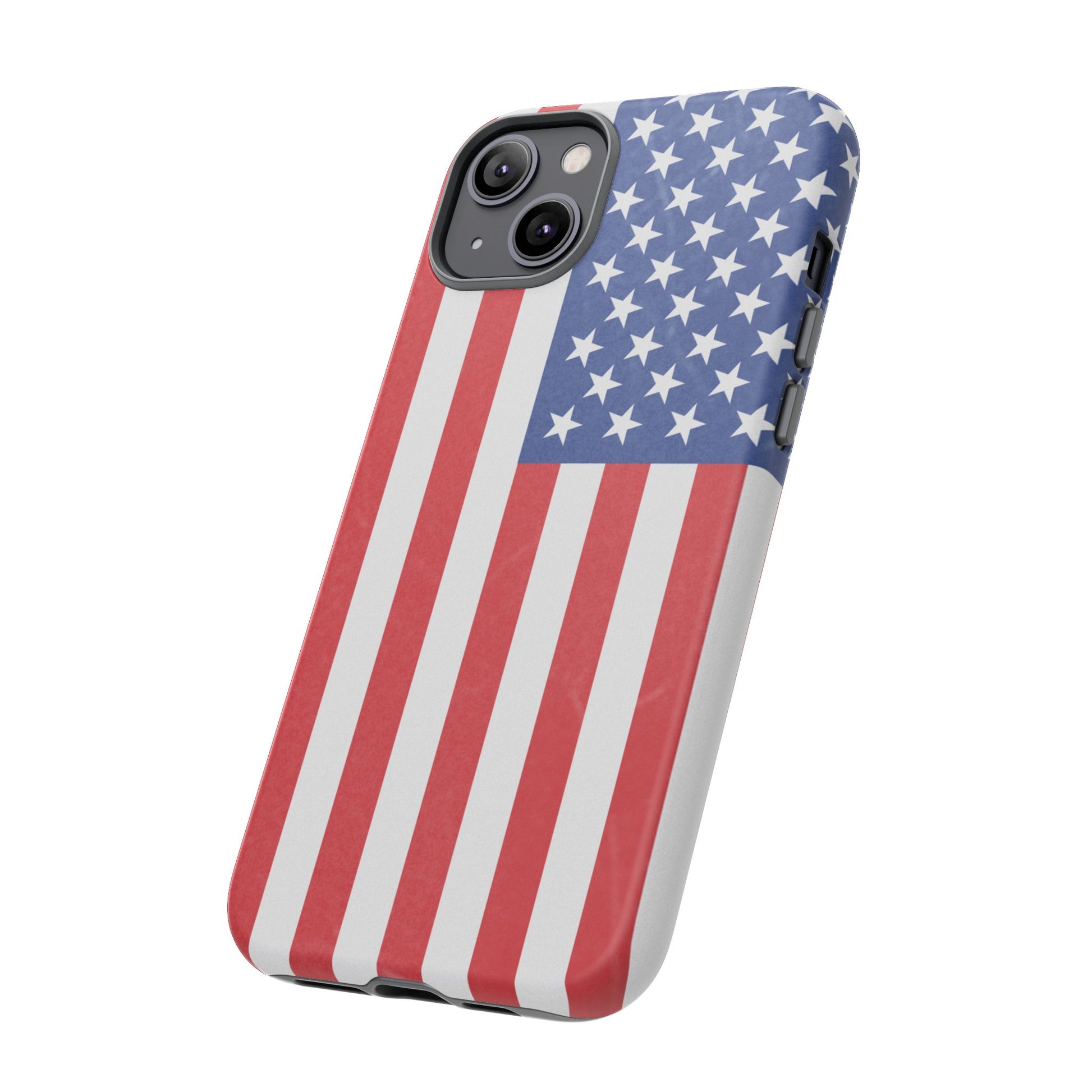 American flag tough phone case for iPhone, durable patriotic protective cover with bold red, white, and blue flag design.