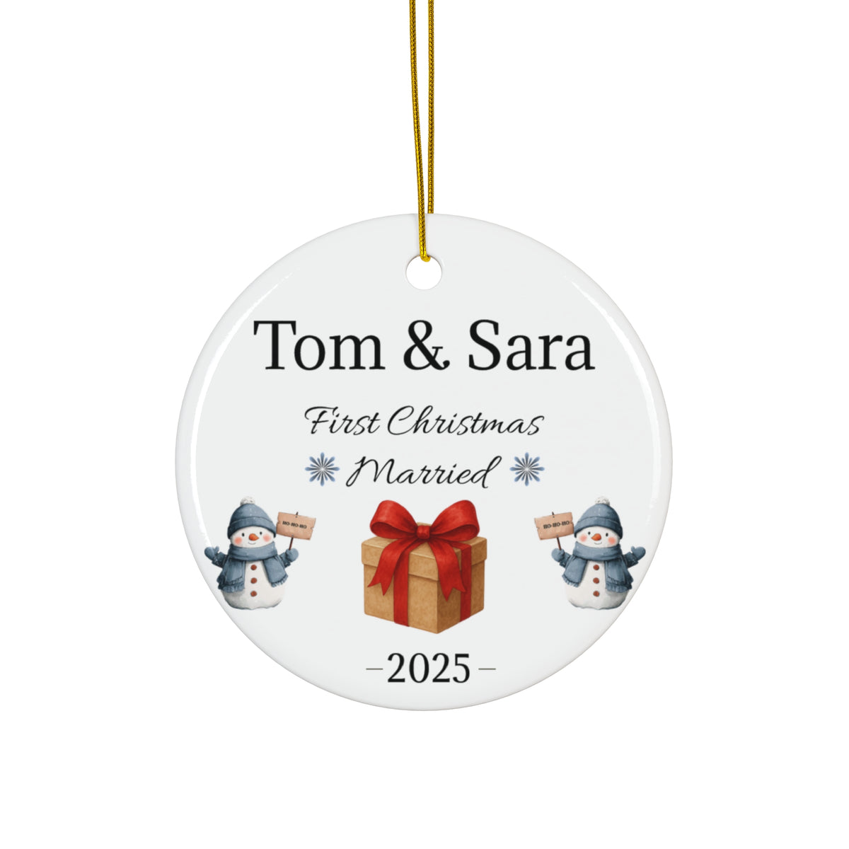 Just Married First Christmas ceramic ornament personalized with custom names and year - view 1