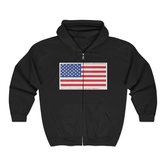 Unisex American Flag full-zip hoodie with patriotic stars and stripes, made by Printify, shown on a neutral background.