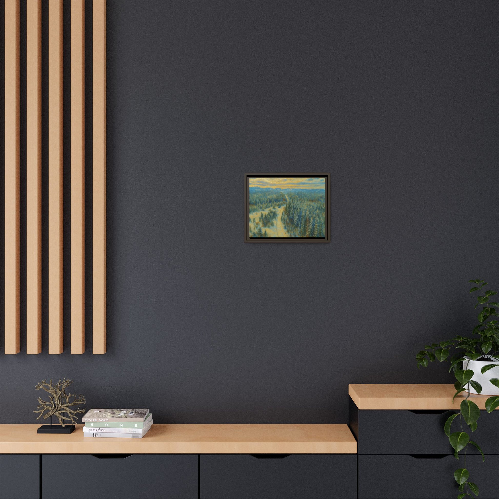 Framed matte canvas print of a serene winter forest landscape by Printify, showcasing snow-covered trees and peaceful scenery.