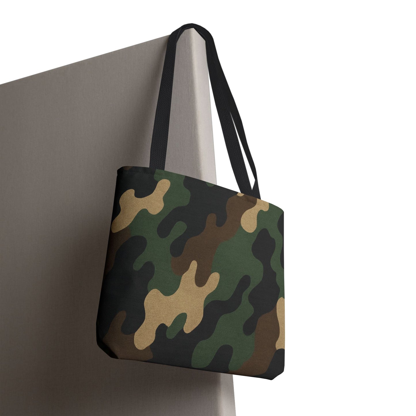 Camo pattern tote bag by Printify featuring all-over print on durable canvas carryall with handles.