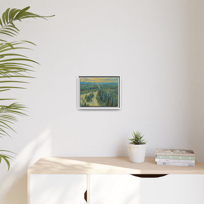 Framed matte canvas print of a serene winter forest landscape by Printify, showcasing snow-covered trees and peaceful winter scenery.