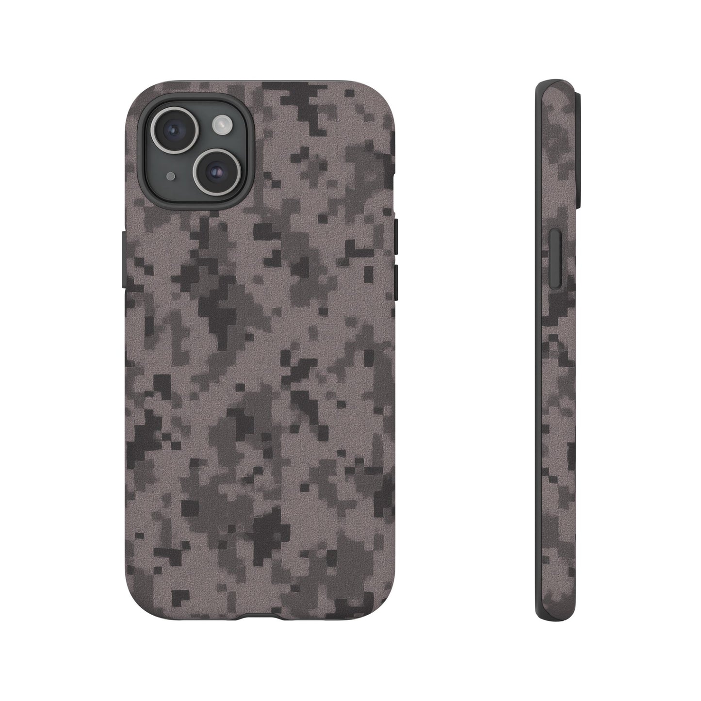 Gray digital camouflage phone case by Printify, tough protective cover for smartphones with a rugged camo design.