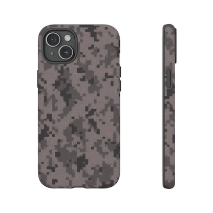 Gray digital camouflage phone case by Printify, tough protective cover for smartphones with a rugged camo design.