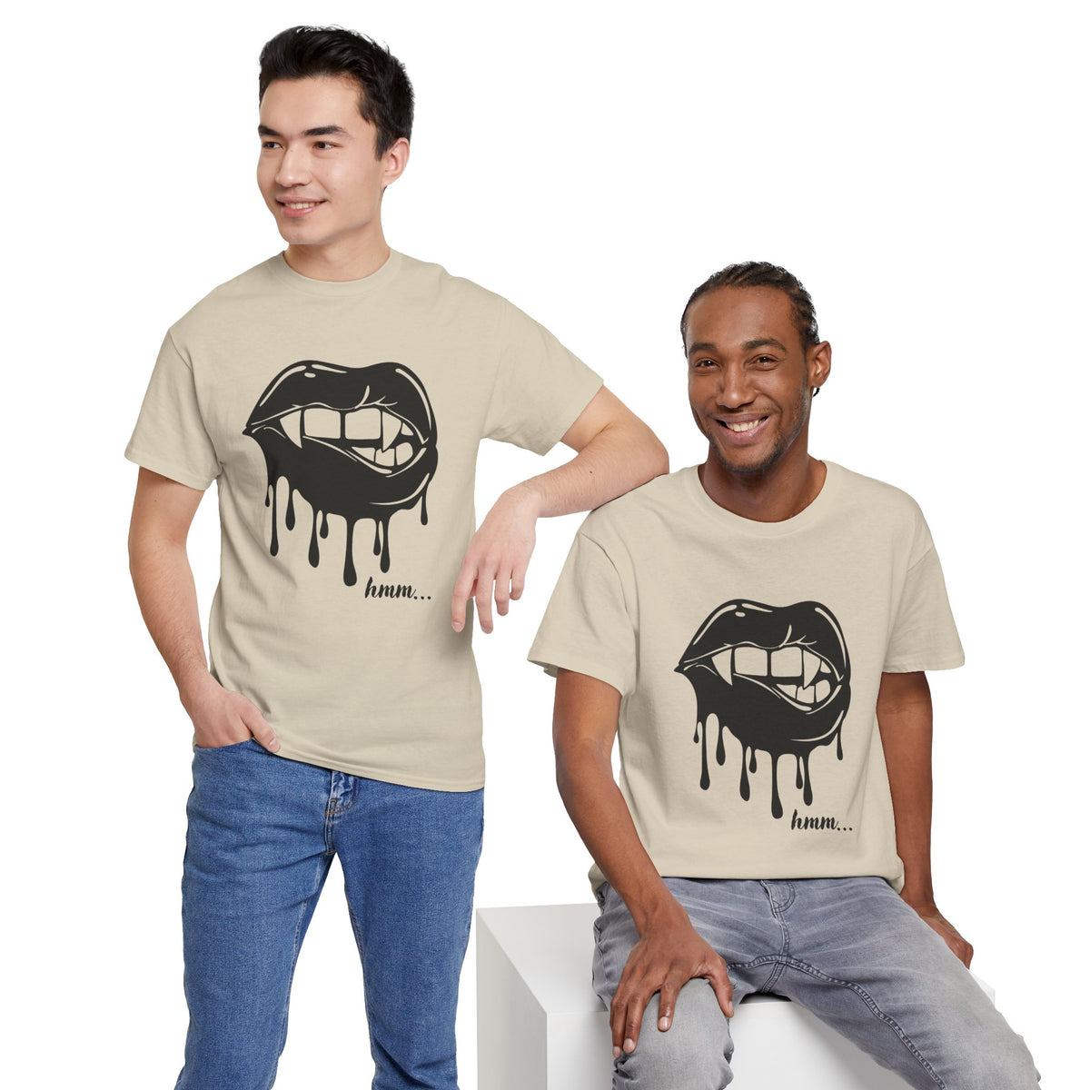 Black graphic T-shirt by Printify featuring dripping lips with "hmm..." bite design on the front.