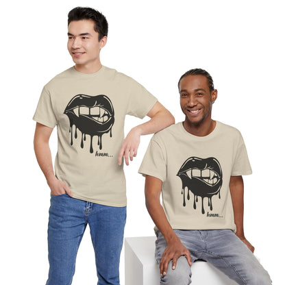 Black graphic T-shirt by Printify featuring dripping lips with "hmm..." bite design on the front.