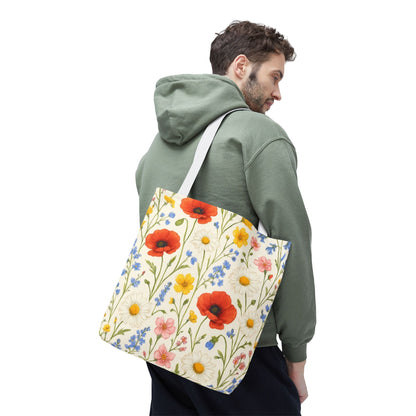 Wildflower poppy print tote bag by Printify featuring a vibrant floral all-over pattern on durable fabric.
