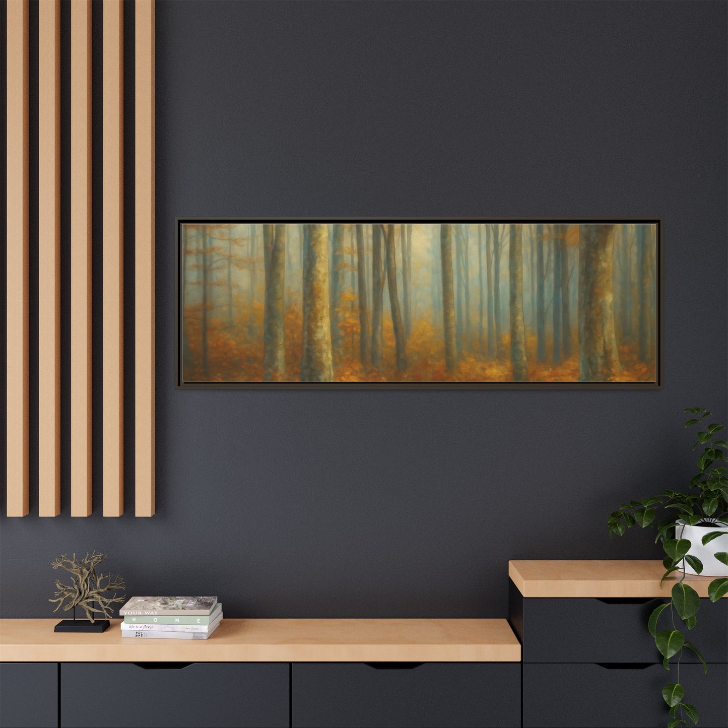 Framed autumn forest canvas print of misty woodland wall art by Printify, showcasing vibrant fall colors and serene nature scene.