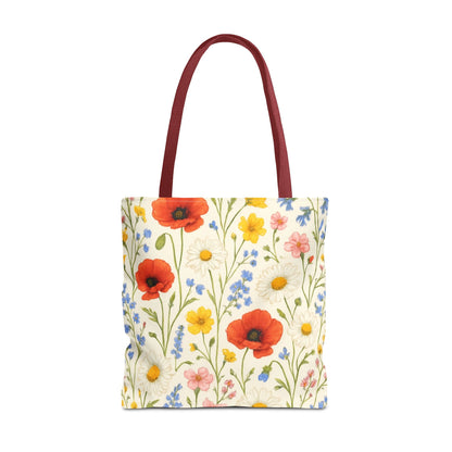 Wildflower Poppy print tote bag by Printify featuring a colorful floral all-over pattern, made of durable fabric.