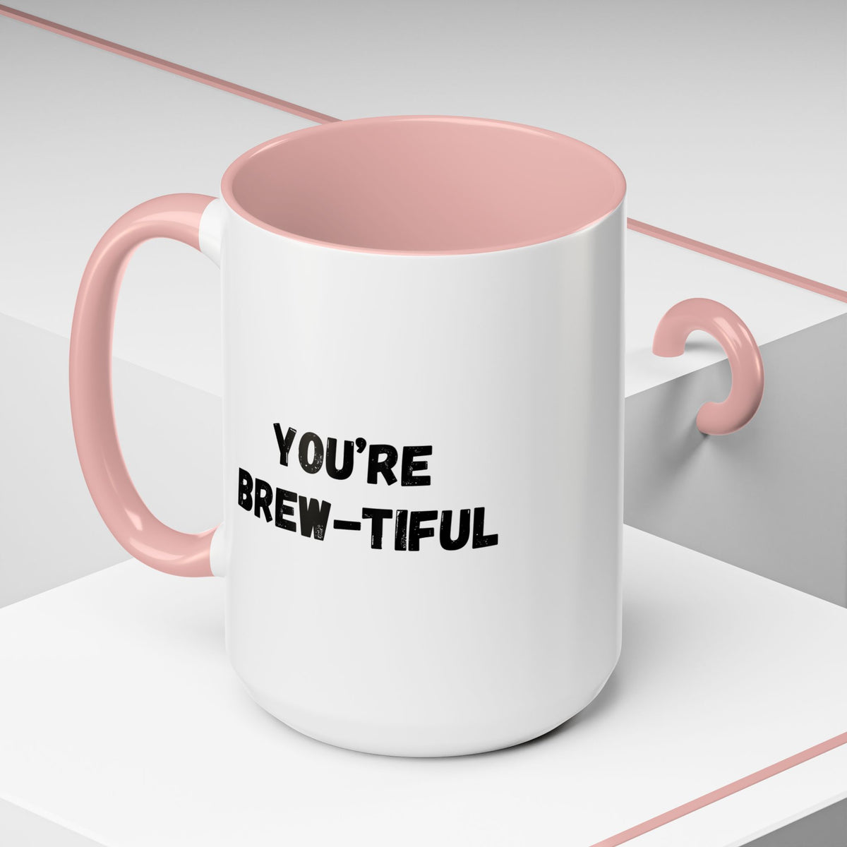 You’re Brew-tiful Coffee Mug – Cute Coffee Pun Accent Mug (11/15oz) — white ceramic accent mug with glossy finish and bold black “YOU’RE BREW-TIFUL” print, additional angle