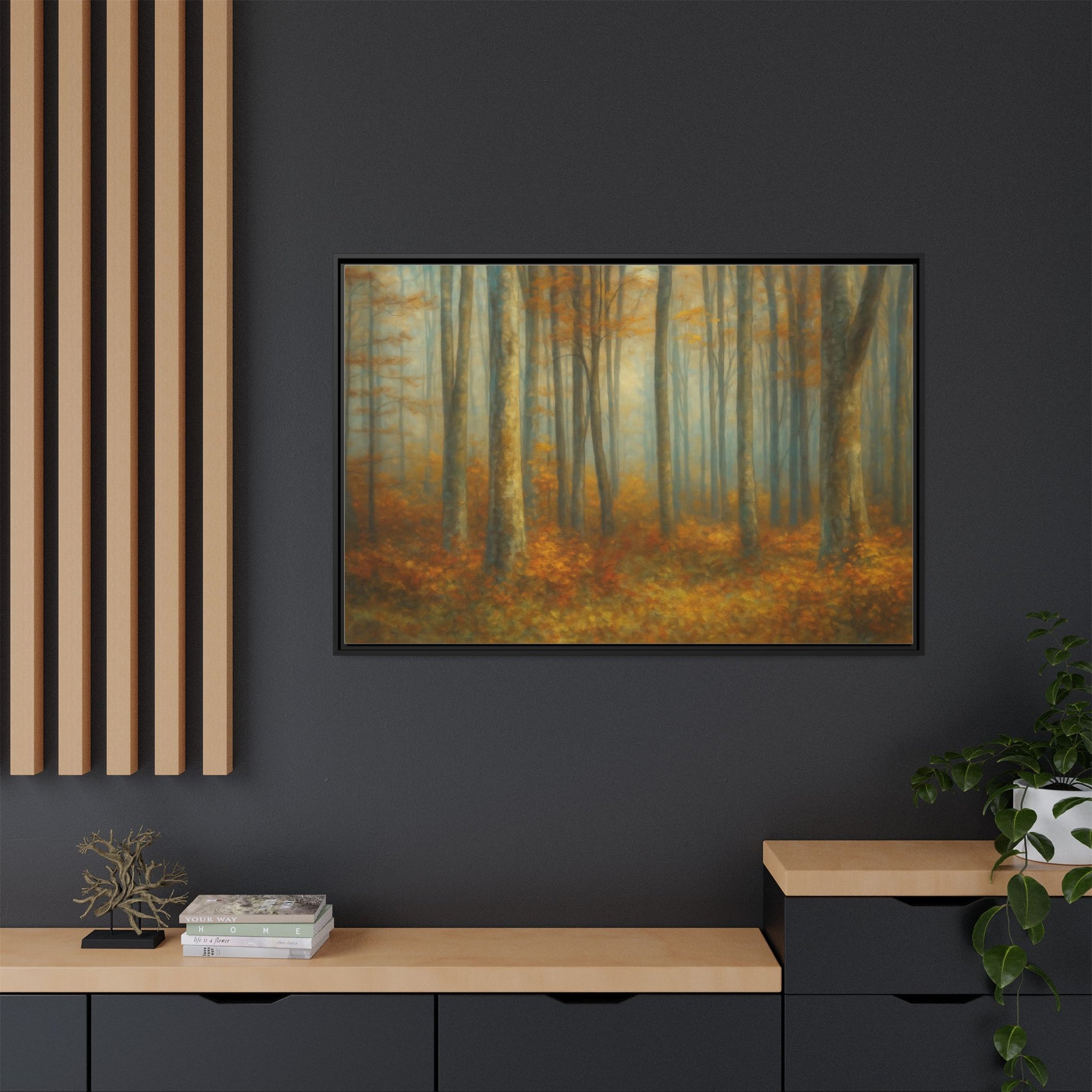Framed autumn forest canvas print featuring misty woodland scene, wall art by Printify showcasing nature's serene beauty.