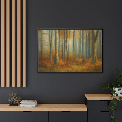 Framed autumn forest canvas print featuring misty woodland scene, wall art by Printify showcasing nature's serene beauty.