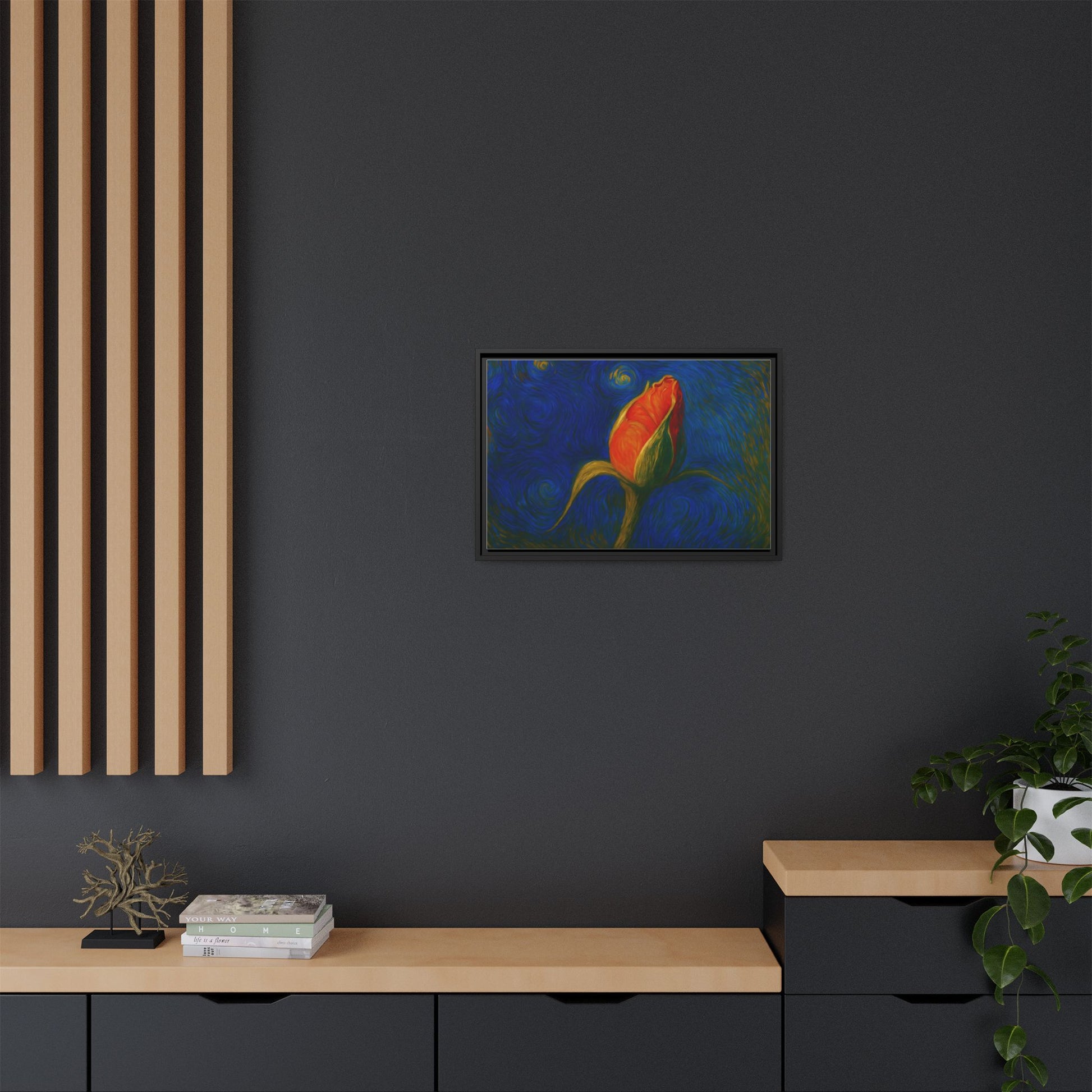Red rose bud painting on canvas framed wall art by Printify, featuring vibrant red roses and matte finish.