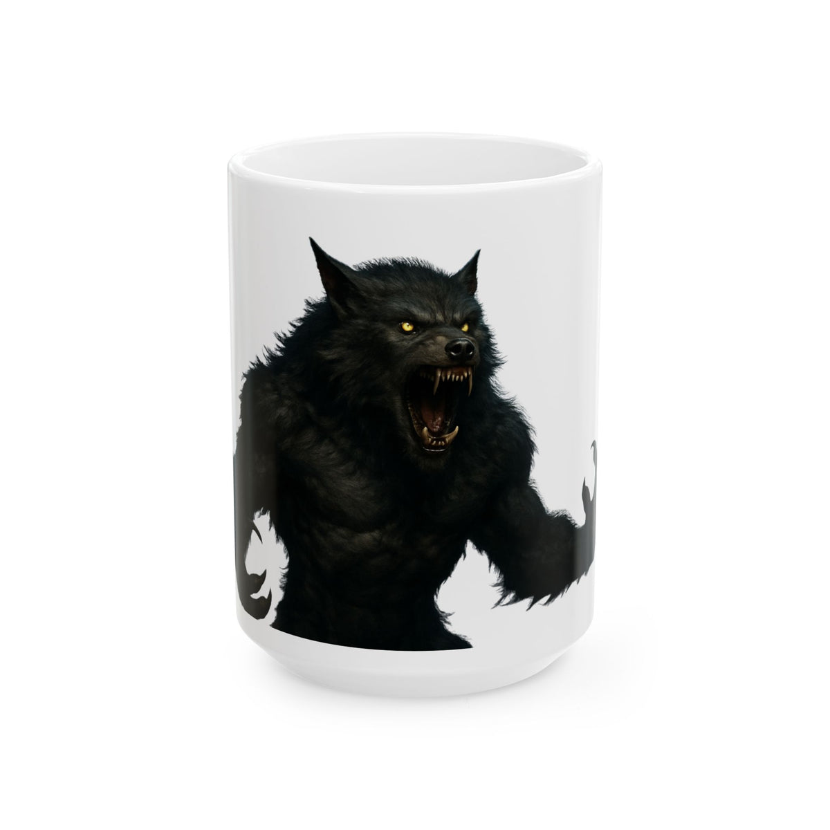 Ceramic werewolf coffee mug with a howling wolf design, available in 11oz and 15oz sizes, ideal for wolf and horror fans.