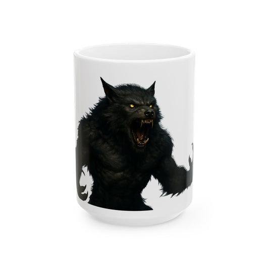 Ceramic werewolf coffee mug with a howling wolf design, available in 11oz and 15oz sizes, ideal for wolf and horror fans.