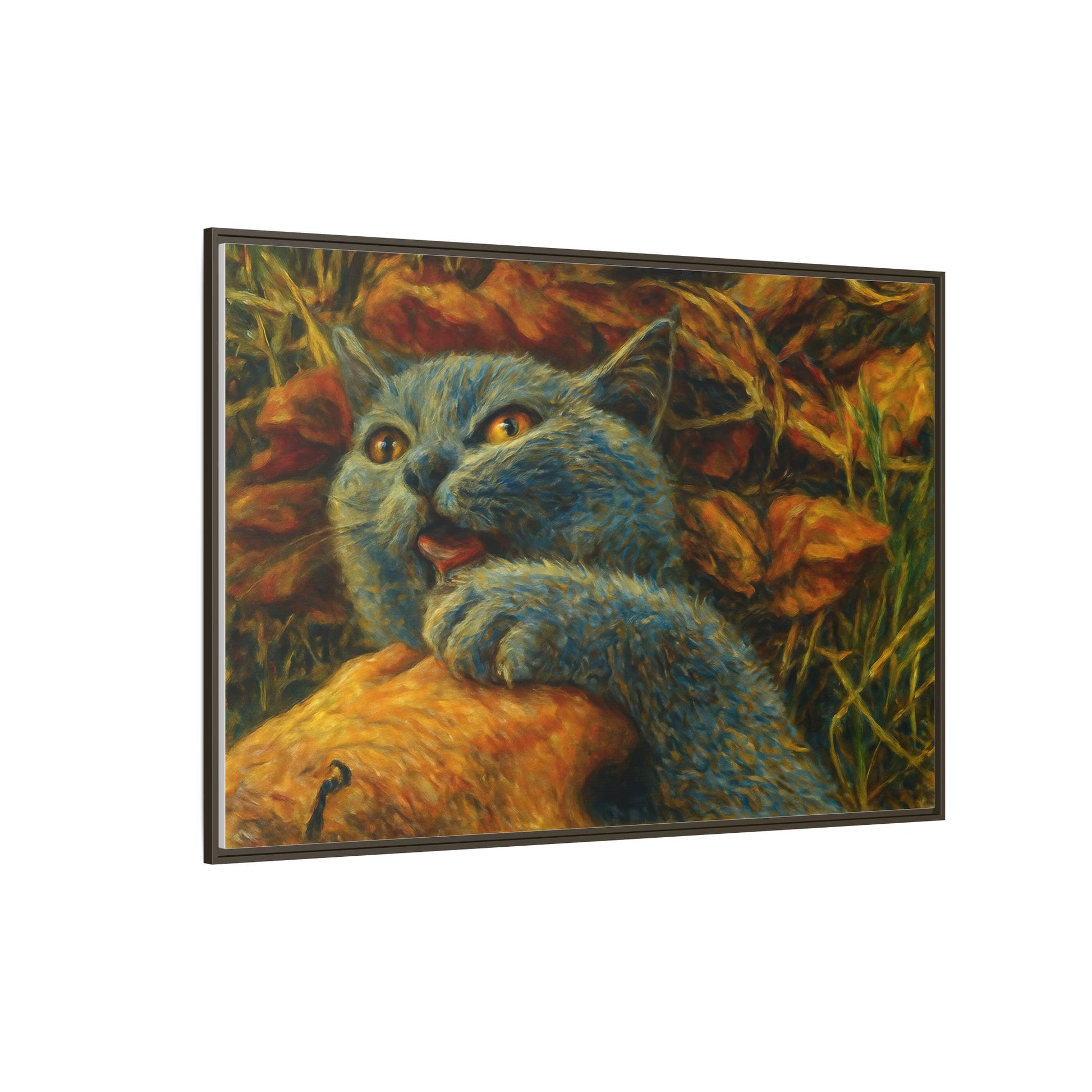 Blue cat canvas print featuring whimsical wall art, perfect gift for cat lovers, designed by Printify.