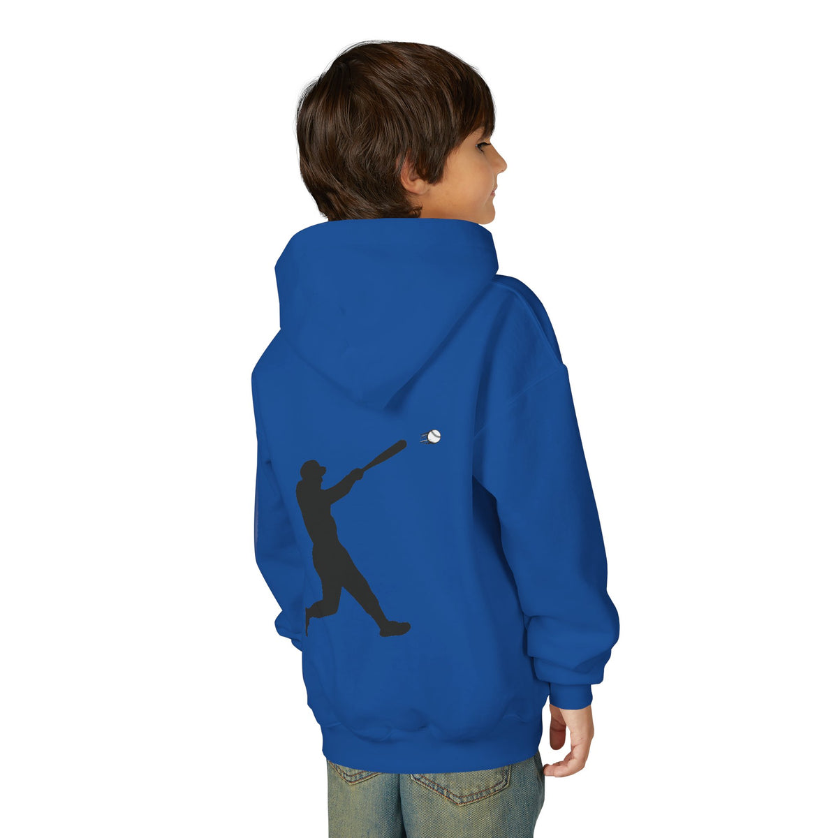 Kids youth baseball silhouette hoodie with a baseball player design, soft pullover sweatshirt for children, by Printify.