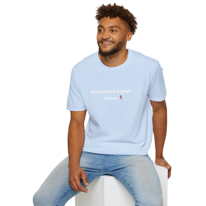 Pink heart graphic on a "Relax, I'm a Truck Driver" funny trucker T-shirt by Printify, casual unisex tee for truck drivers.
