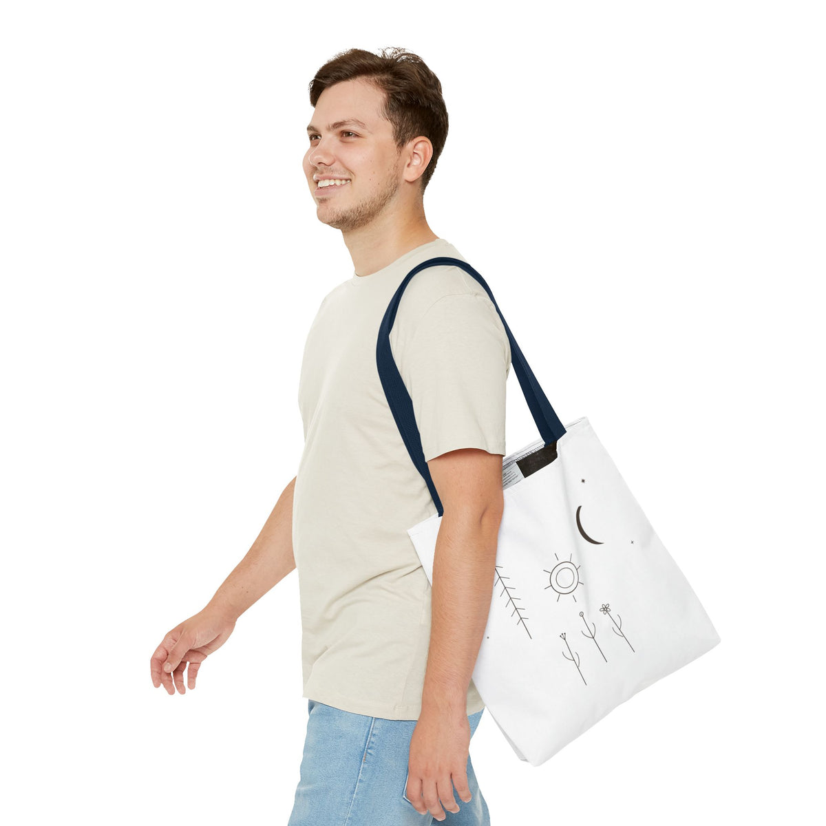 Minimal Moon and Sun botanical tote bag with celestial line art design, featuring a sleek, natural fabric tote from Printify.