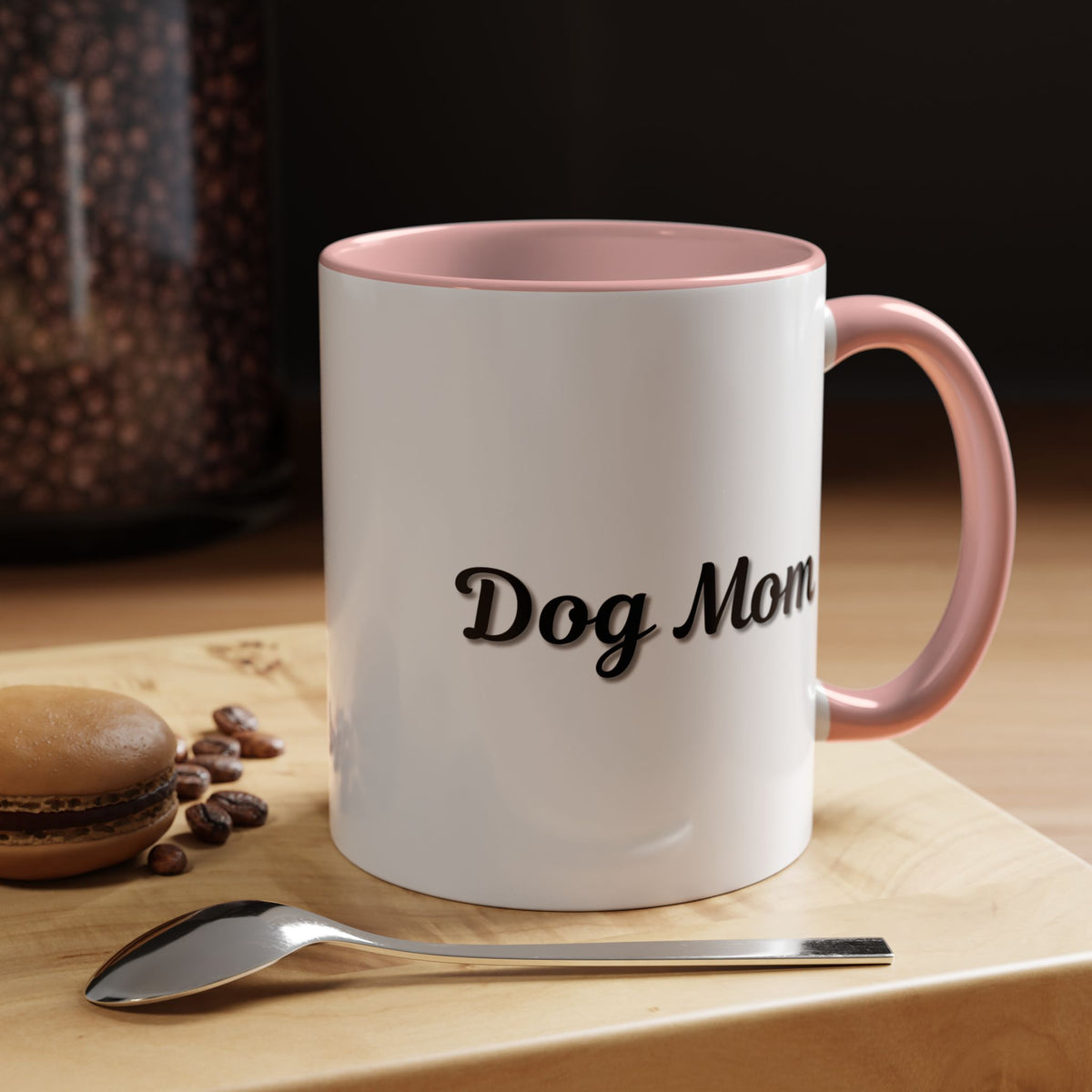 Dog Mom Accent Coffee Mug — white ceramic coffee mug with retro script "Dog Mom" print, colored interior and C-handle, 11oz/15oz, side profile view
