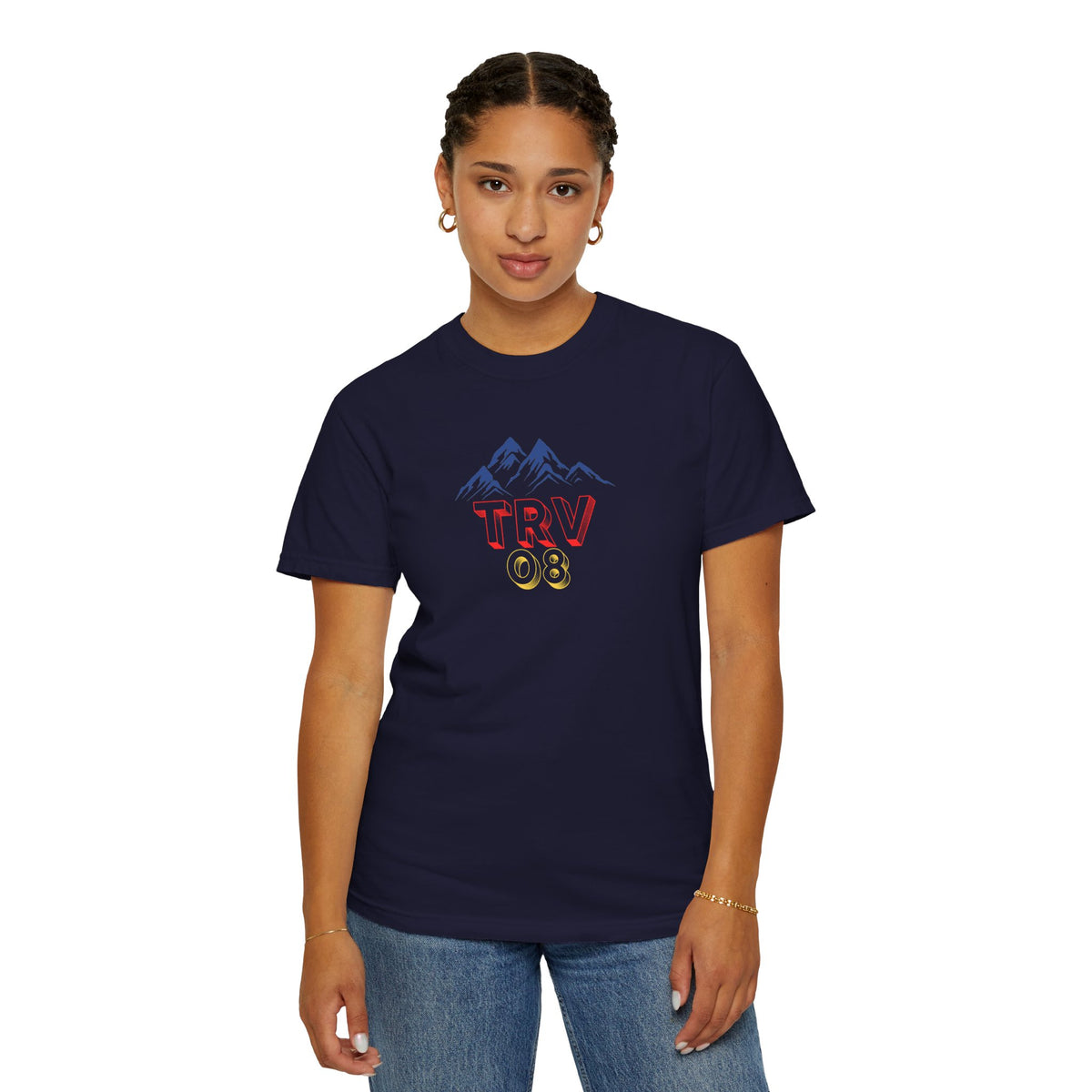 Unisex garment-dyed T-shirt with printed TRV08 logo, casual style by Printify, shown in natural fabric and relaxed fit.