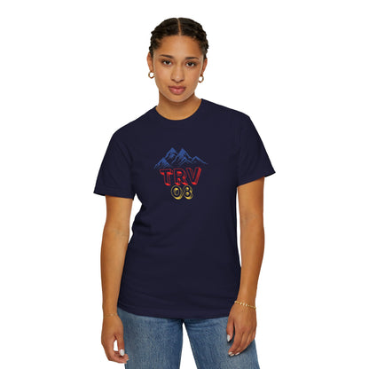 Unisex garment-dyed T-shirt with printed TRV08 logo, casual style by Printify, shown in natural fabric and relaxed fit.