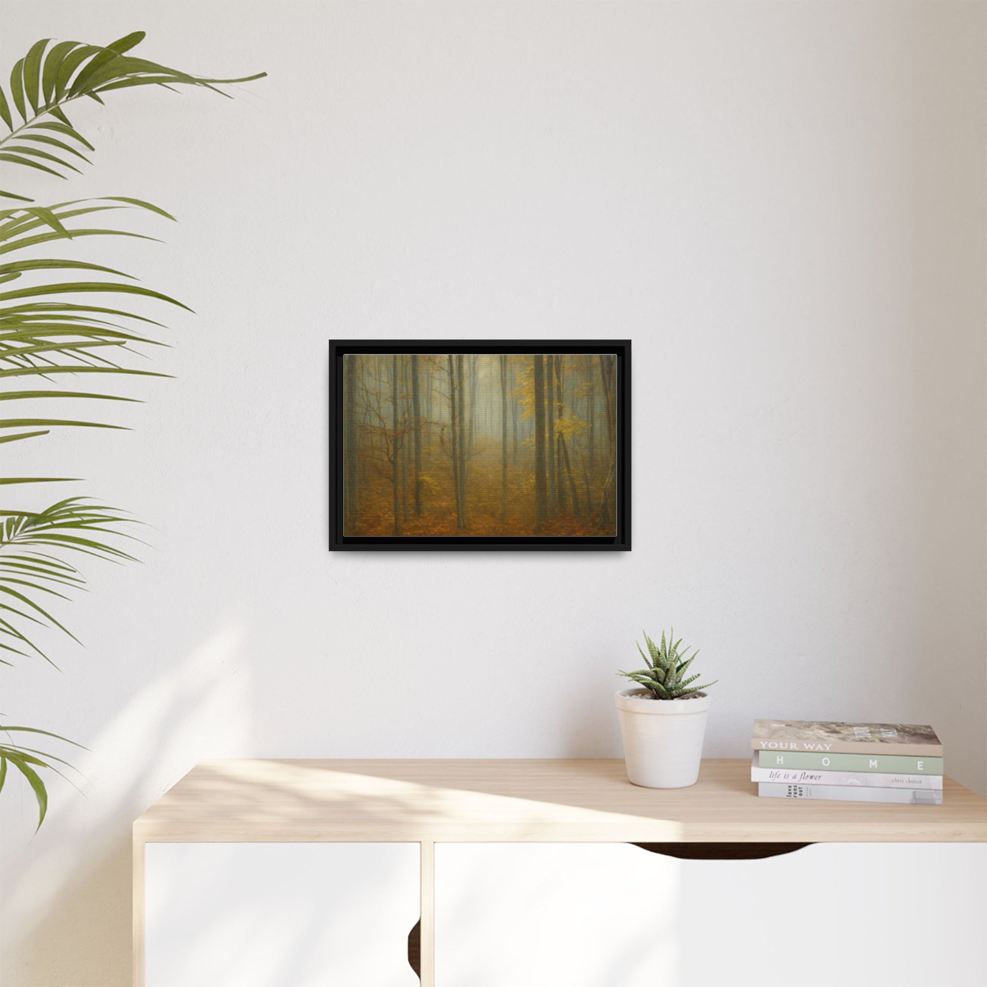 Framed matte canvas wall art of a misty autumn forest, featuring vibrant fall colors and detailed landscape scene.