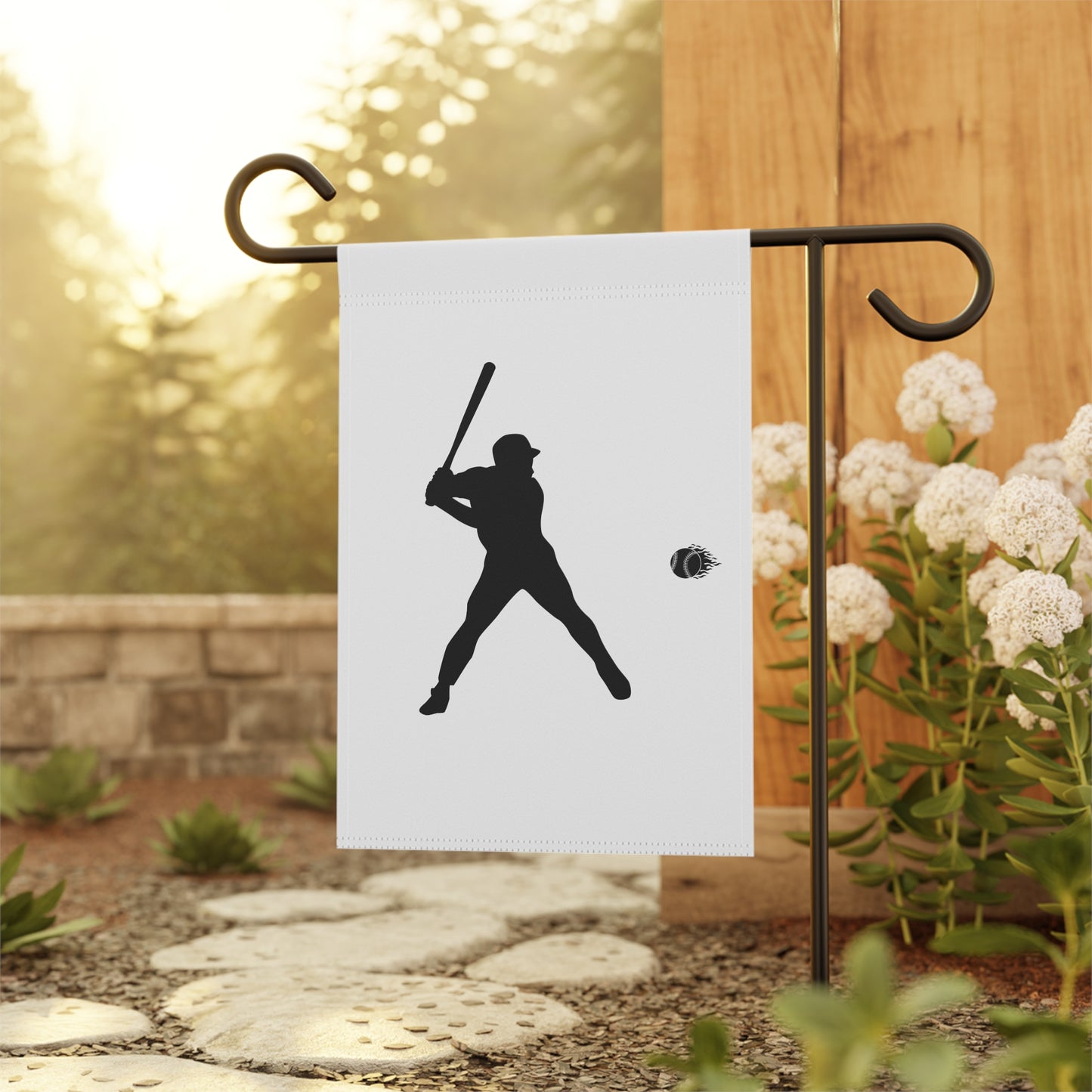 Colorful baseball player garden flag by Printify, outdoor house banner featuring a sports fan design for yard decor.