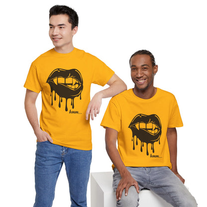 Graphic T-shirt featuring dripping lips and 'hmm...' bite design on a white fabric, by Printify.