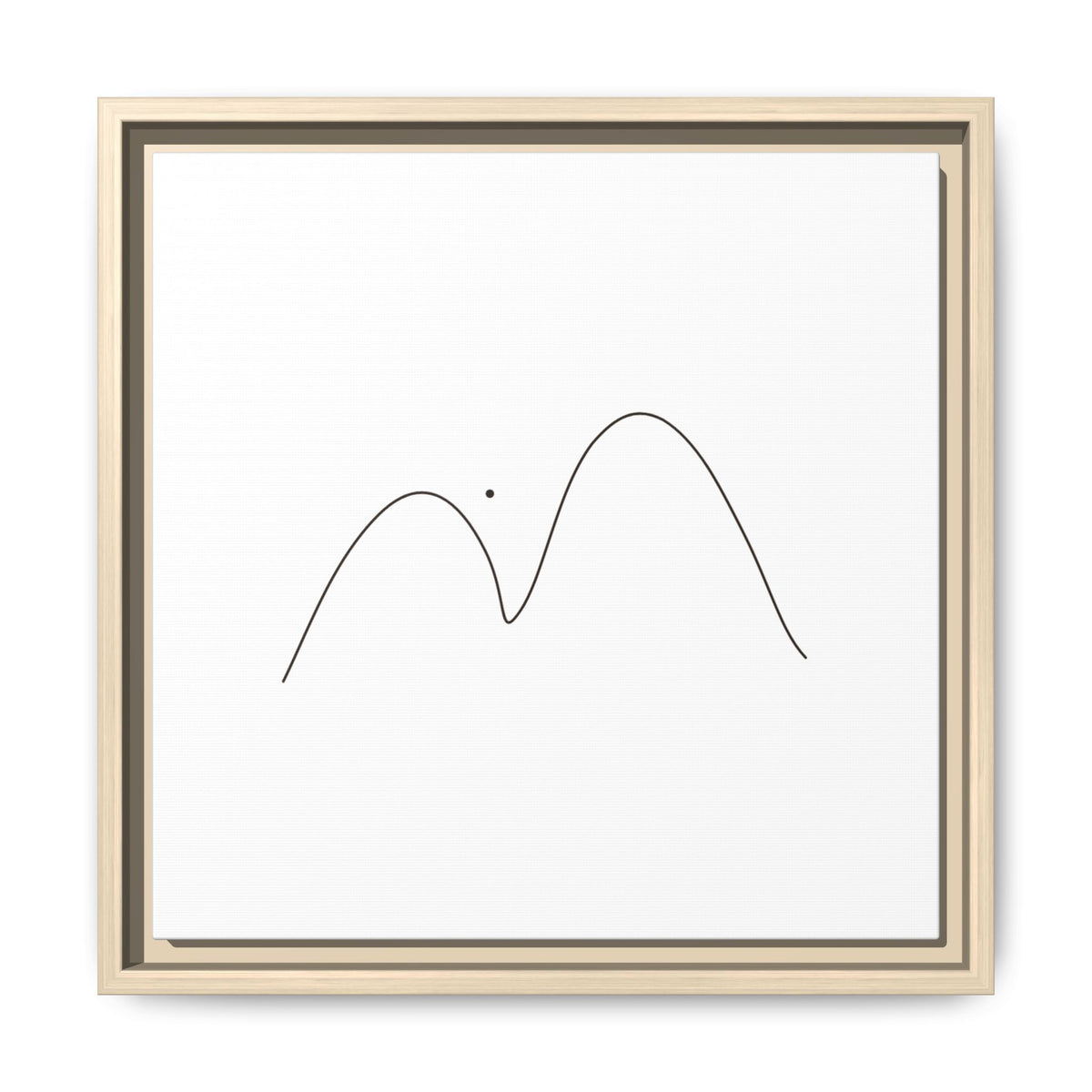 Framed minimalist mountain line art print on matte canvas by Printify, featuring simple mountain illustrations on a clean background.