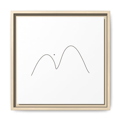 Framed minimalist mountain line art print on matte canvas by Printify, featuring simple mountain illustrations on a clean background.