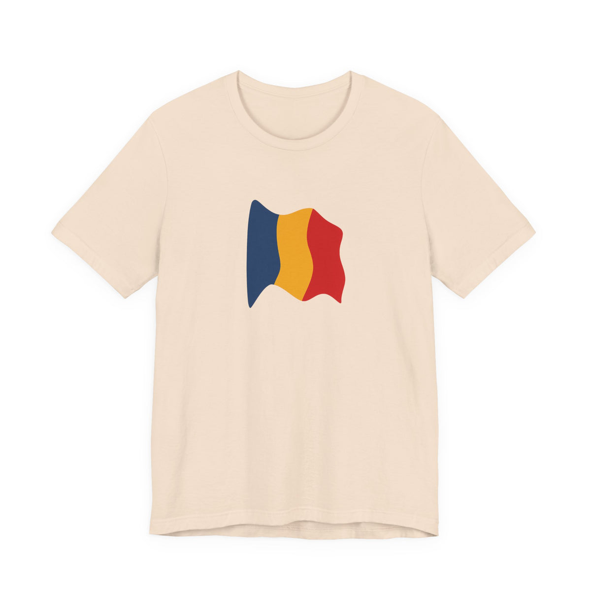 Romania flag T-shirt by Printify featuring a minimal waving tricolor design on a casual tee.