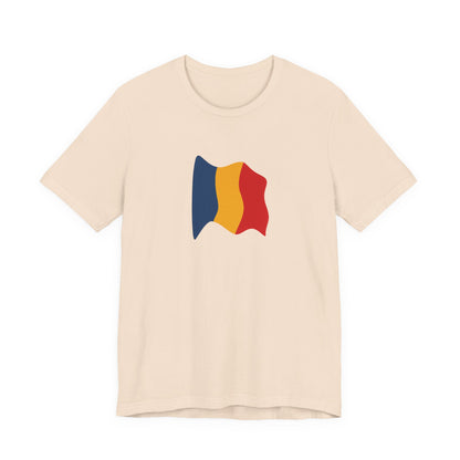 Romania flag T-shirt by Printify featuring a minimal waving tricolor design on a casual tee.