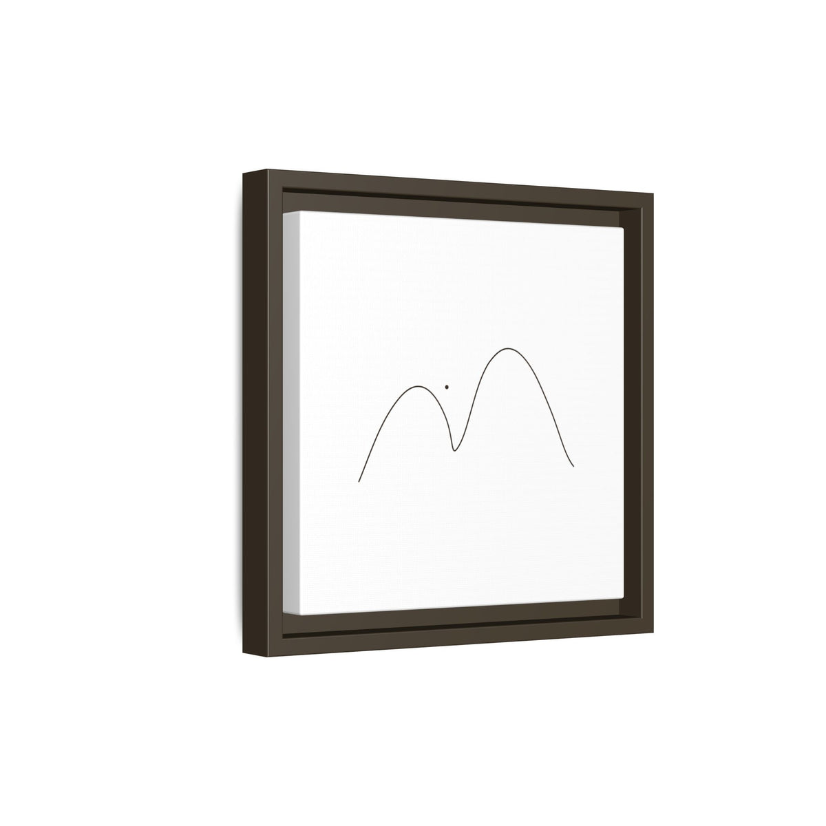 Framed minimalist mountain line art canvas print by Printify, featuring simple black mountain outline on matte background.