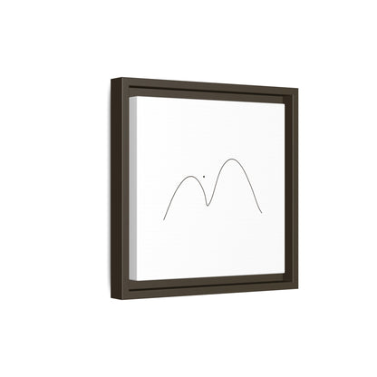 Framed minimalist mountain line art canvas print by Printify, featuring simple black mountain outline on matte background.