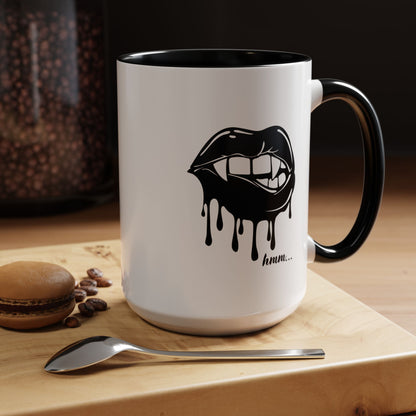 Black Dripping Lips Coffee Mug with Bite graphic, 11oz or 15oz, featuring bold lip design by Printify.