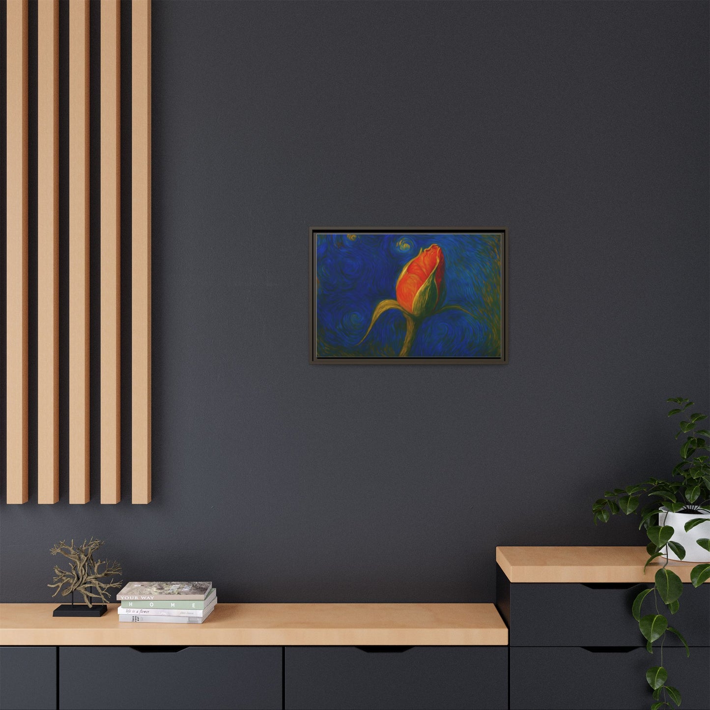 Red rose bud painting on framed canvas wall art by Printify, featuring vibrant floral artwork in a matte finish.