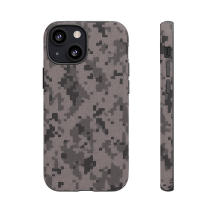 Gray digital camouflage phone case by Printify offers tough protective cover for smartphones.