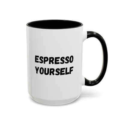 White ceramic espresso mug with "Espresso Yourself" print, perfect for coffee lovers, 11 oz capacity.