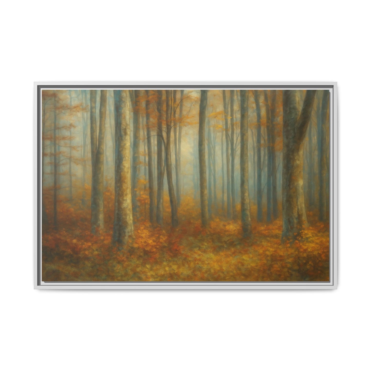 Framed autumn forest canvas print featuring misty woodland scene, vibrant fall colors, and natural landscape artwork.
