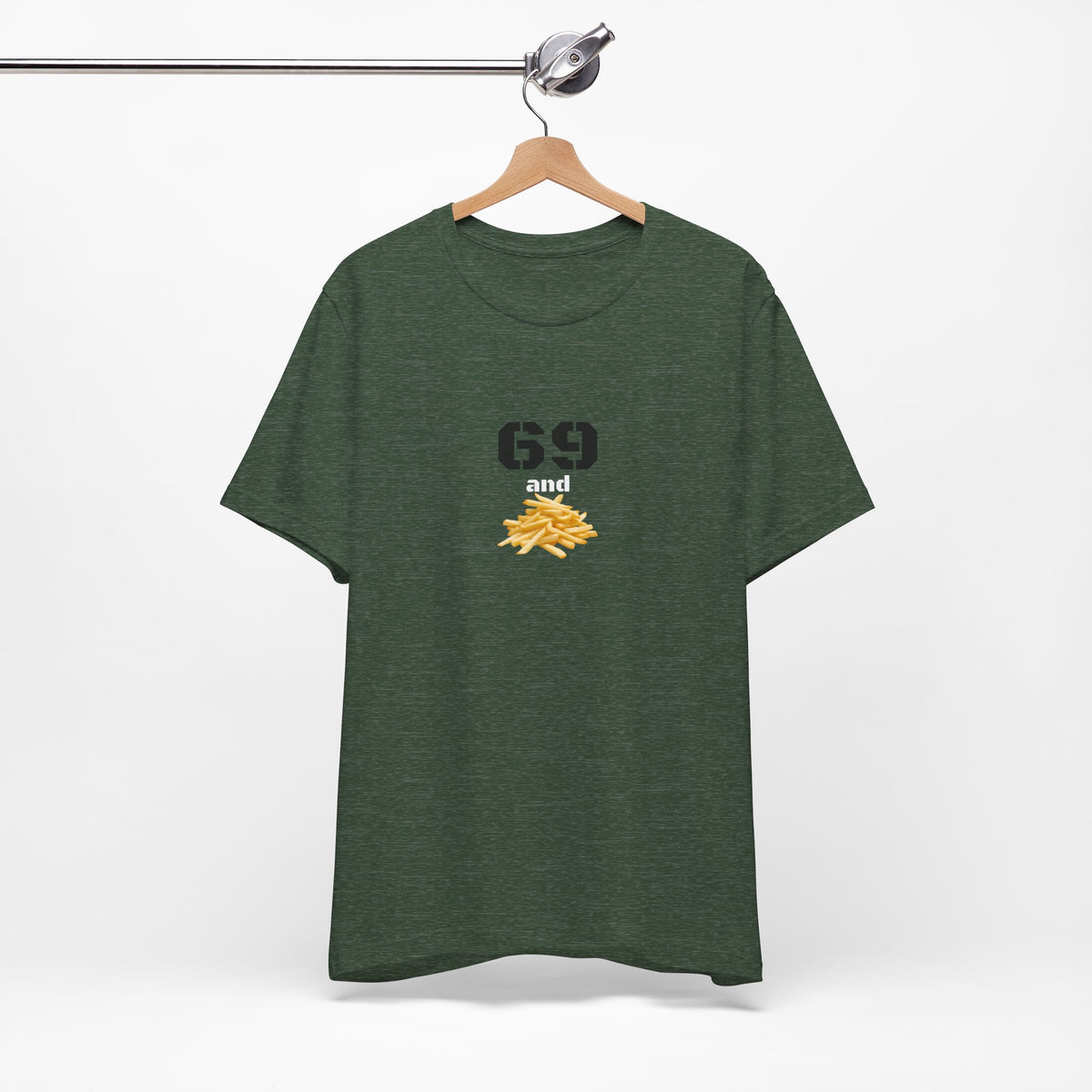 Unisex graphic T-shirt featuring humorous 69 and French fries design, in white with colorful print, casual and quirky style.
