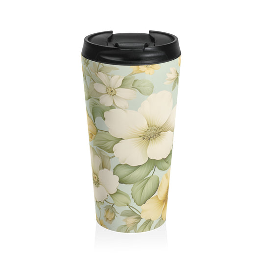 Yellow dogwood floral 15oz insulated stainless steel travel mug